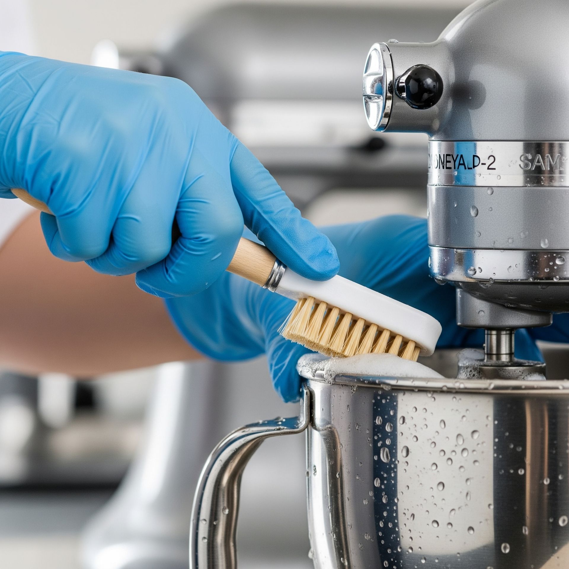 Person wearing blue gloves cleaning a stainless steel mixing bowl with a brush next to a silver mixer.