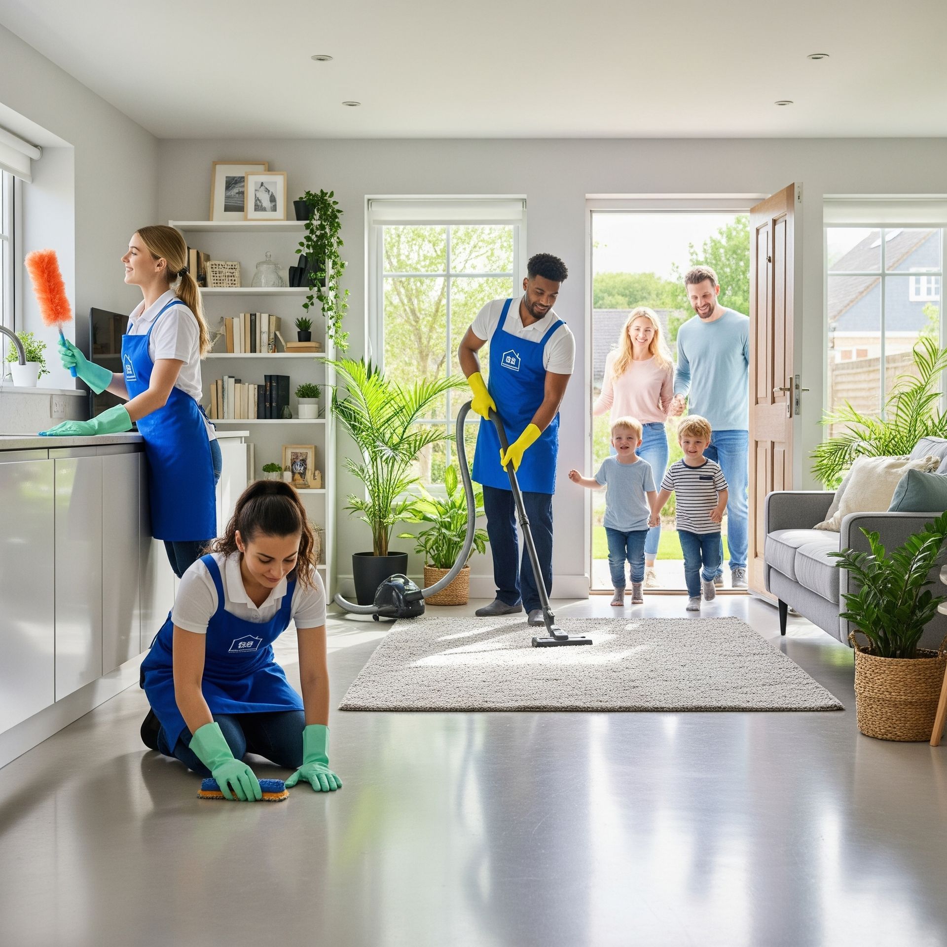 Cleaning crew in blue aprons cleans a home as a family enters the open doorway.