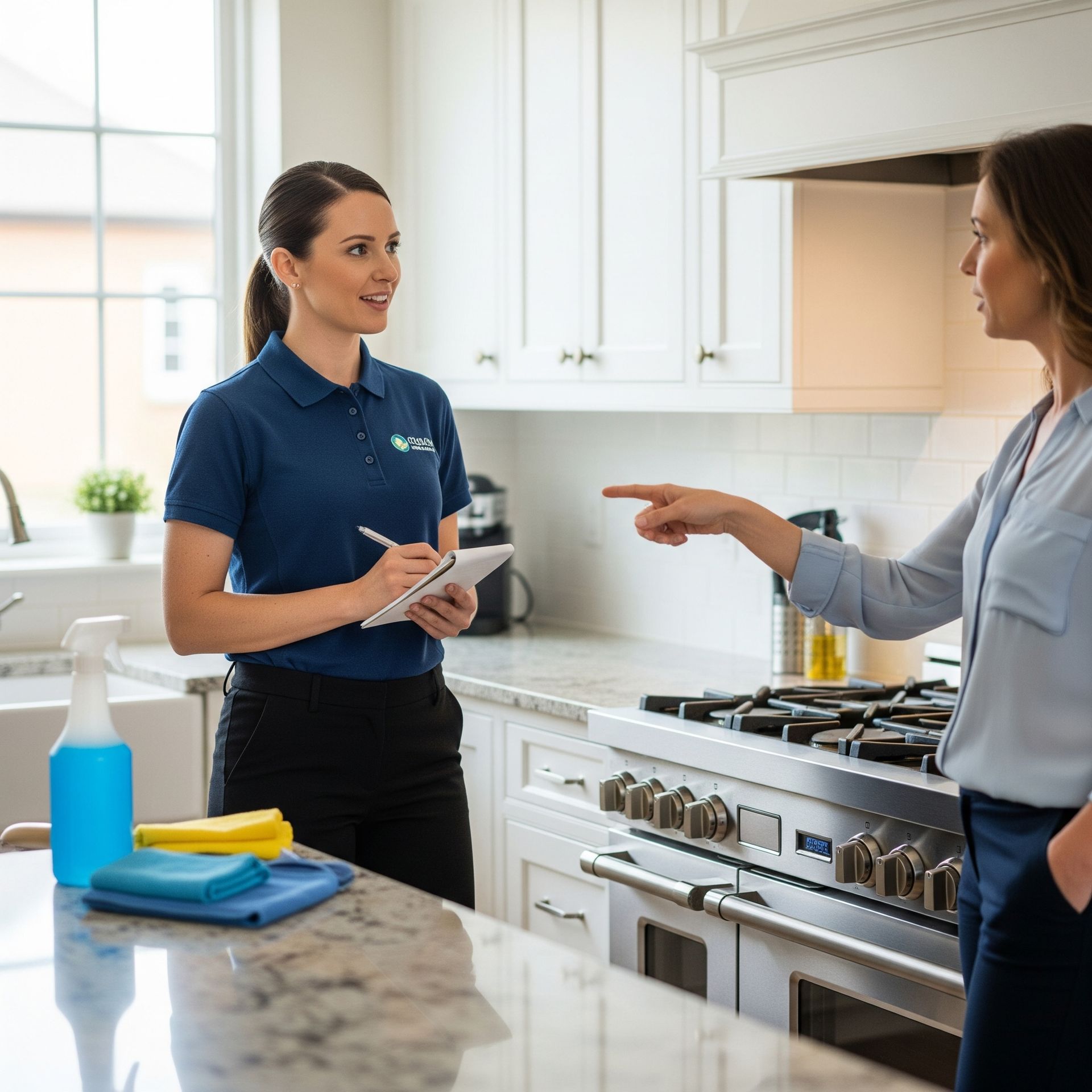 Woman points at stove, talking with cleaning service employee in kitchen.