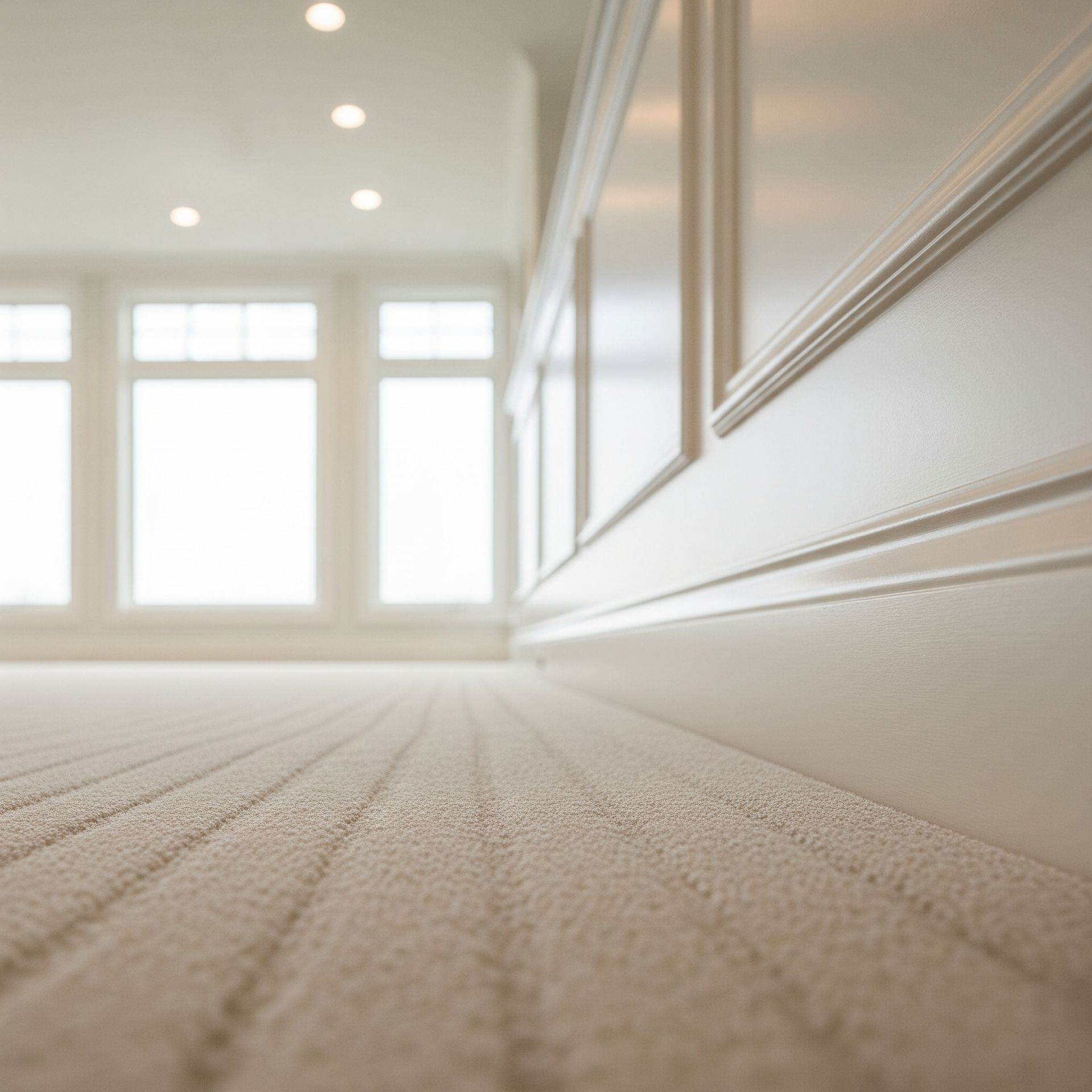 A room with light-colored carpet, windows, and molding, creating a bright and airy space.