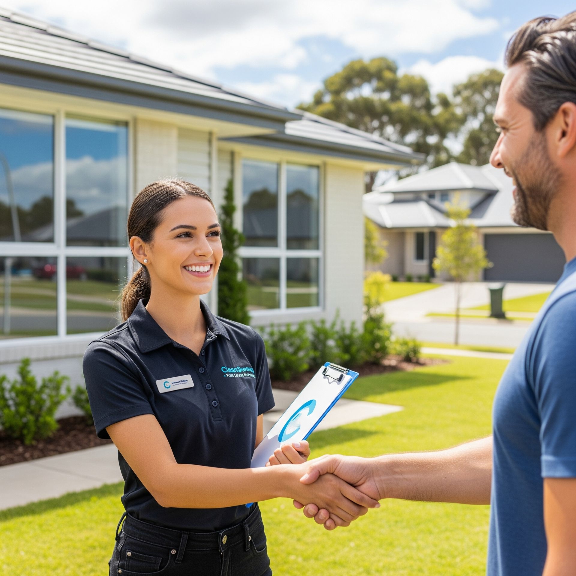 Woman in uniform shaking hands with a man outside a house. Both smiling, sunny day.
