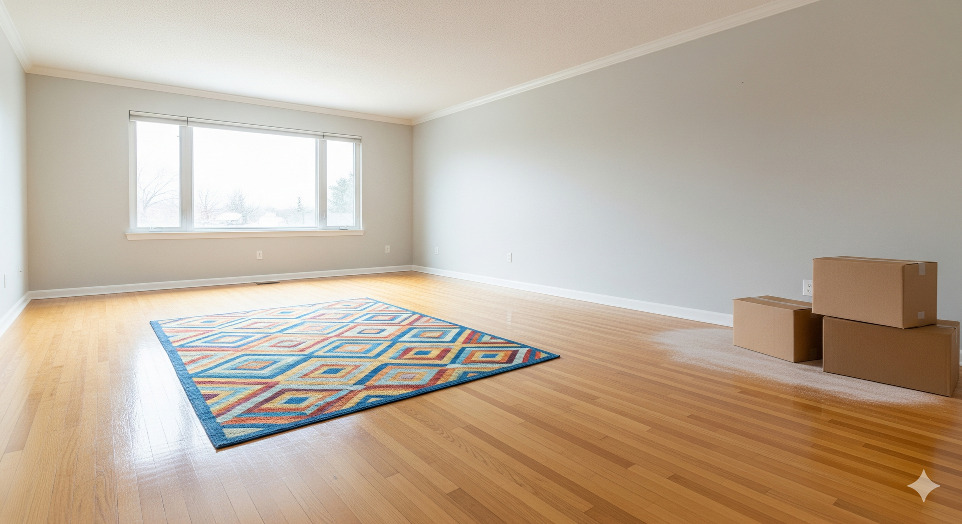 Empty room with hardwood floors, rug, window, and cardboard boxes.