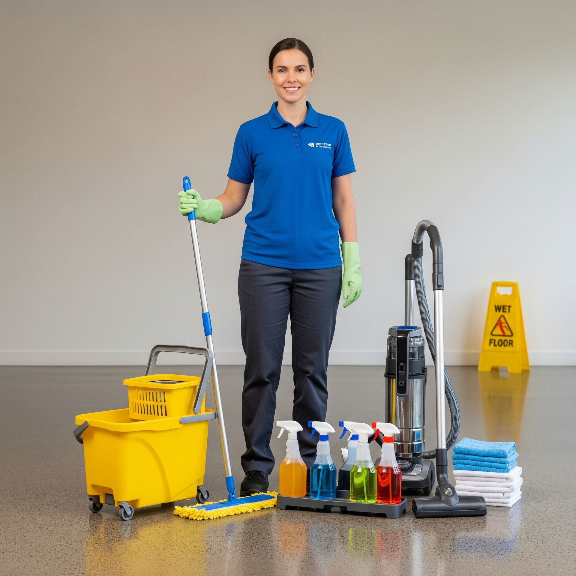 Woman in blue uniform with cleaning supplies, smiling.