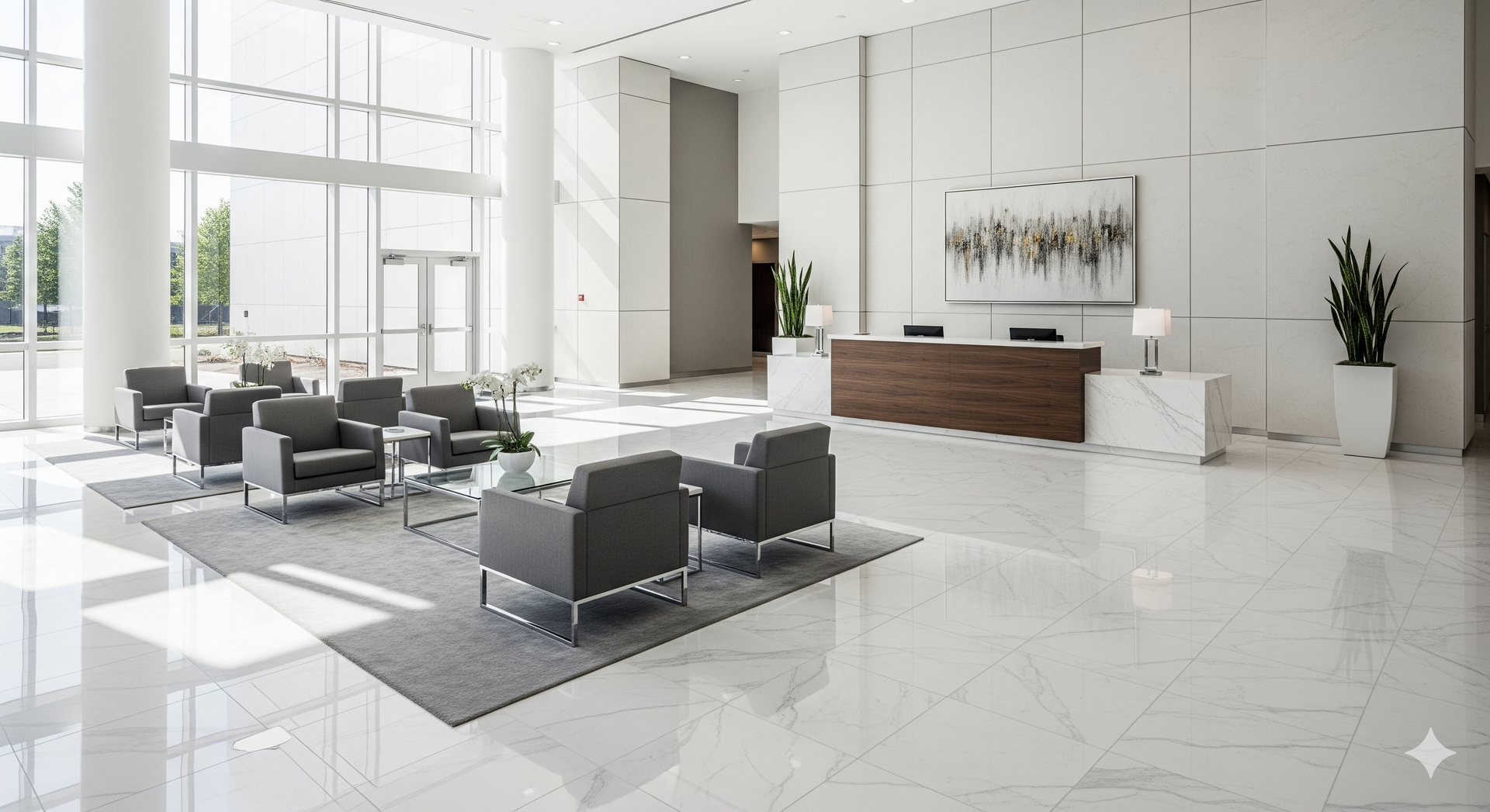Spacious modern lobby with white marble floors, seating area, reception desk, and large windows.
