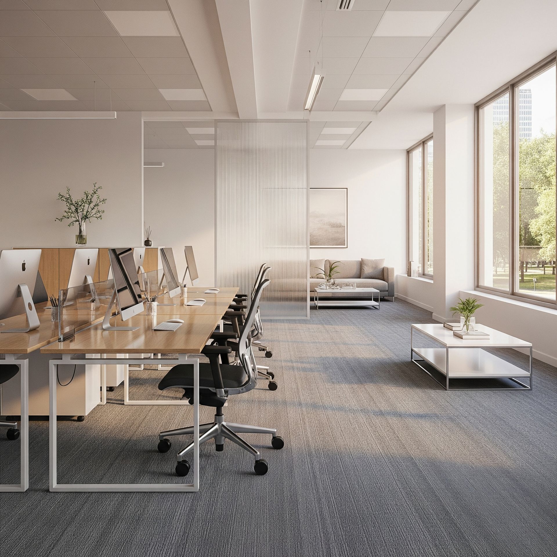 Modern office interior with desks, chairs, and a lounge area near large windows.