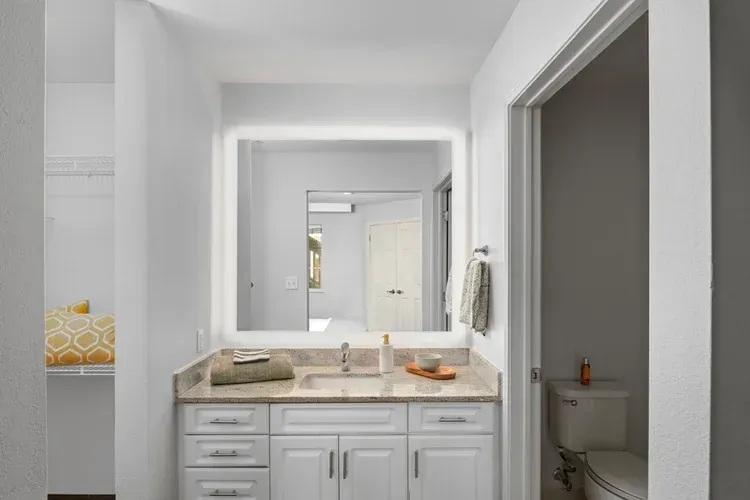 A bathroom with a sink , mirror and toilet.