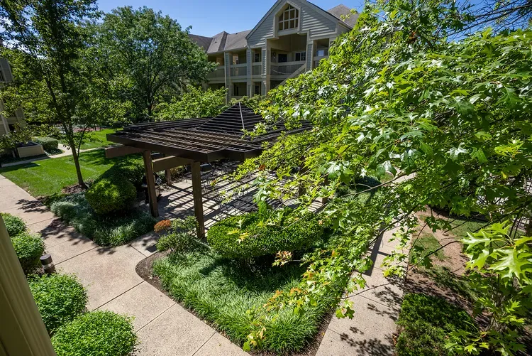 There is a pergola in the middle of a garden in front of a building.