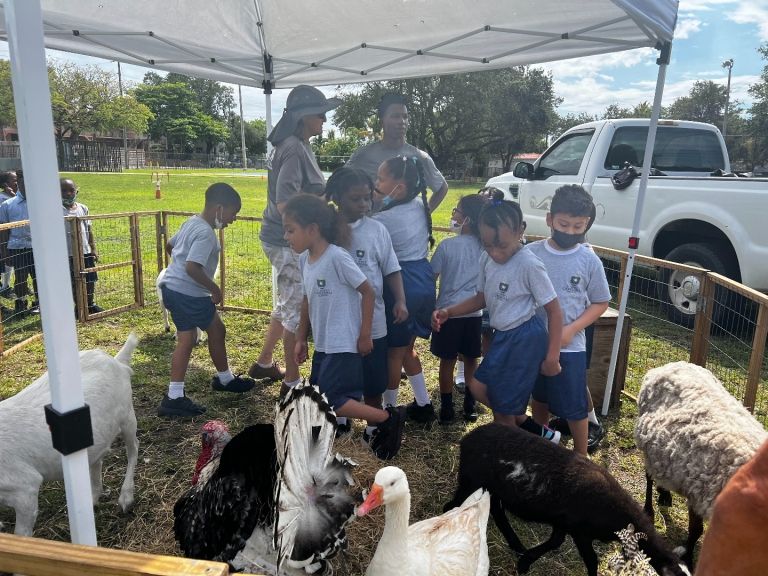 A group of children are looking at animals under a tent