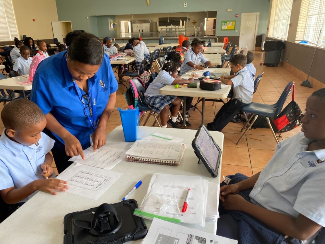 A woman in a blue shirt is working with a group of children