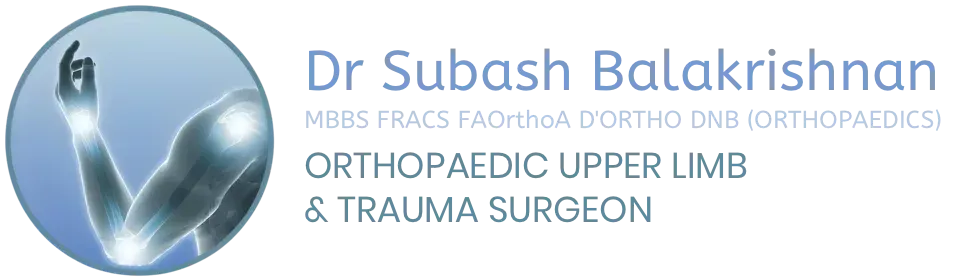 Logo for Dr. Subash Balakrishnan, an orthopaedic upper limb and trauma surgeon. Features an arm illustration and text.