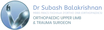 Logo for Dr. Subash Balakrishnan, an orthopaedic upper limb and trauma surgeon. Features an arm illustration and text.