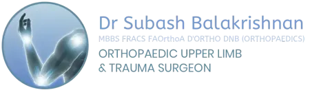 Logo for Dr. Subash Balakrishnan, an orthopaedic upper limb and trauma surgeon. Features an arm illustration and text.