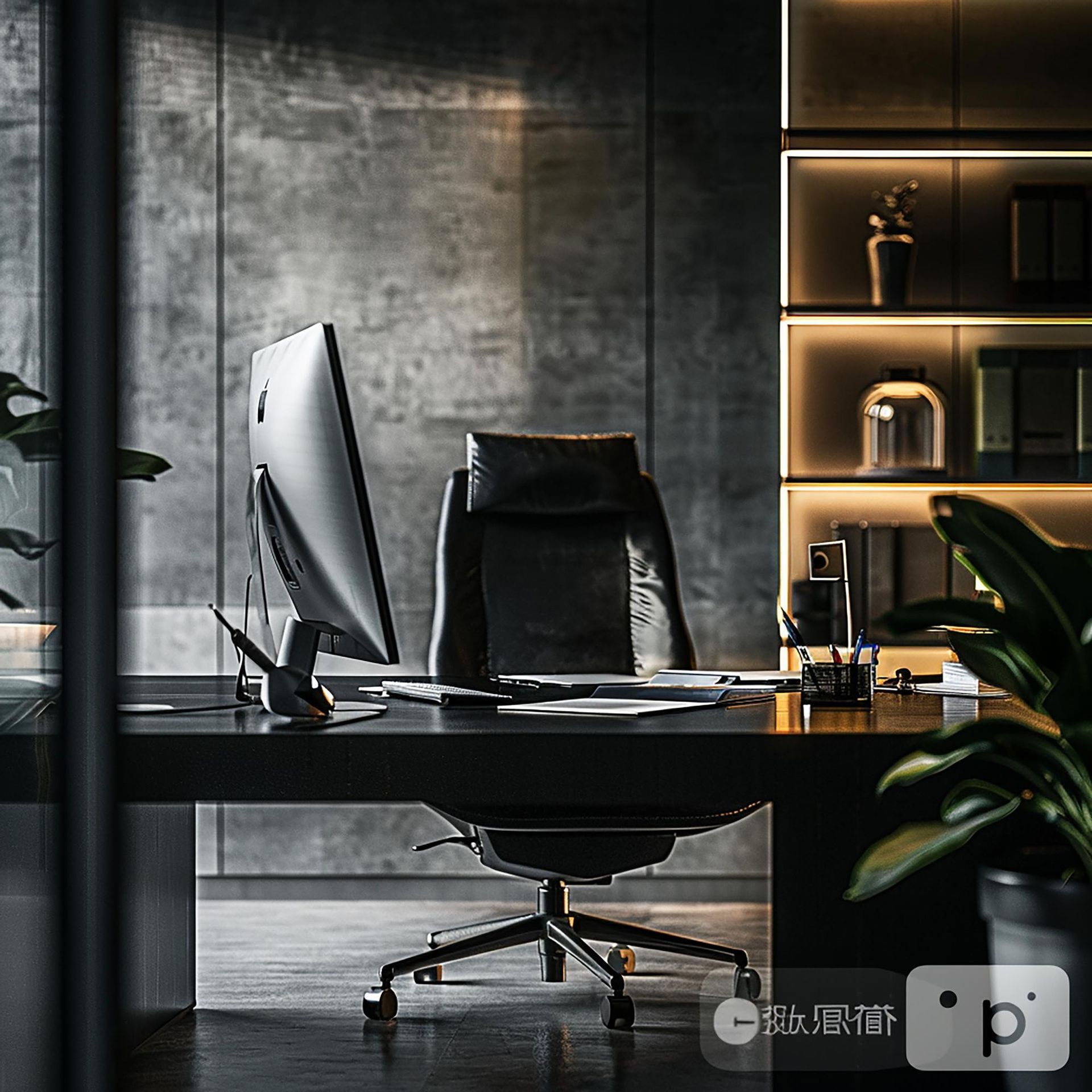 Modern office desk with computer, black leather chair, and built-in bookshelf.