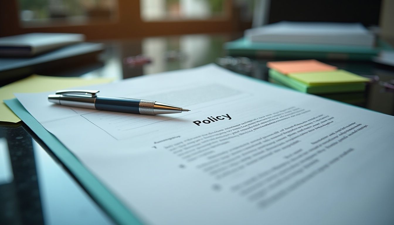 Insurance policy and chrome pen on black glass desk