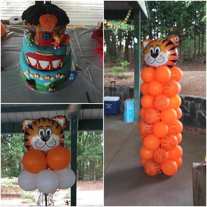A collage of three images from a child's birthday party with a tiger themed column on the left.