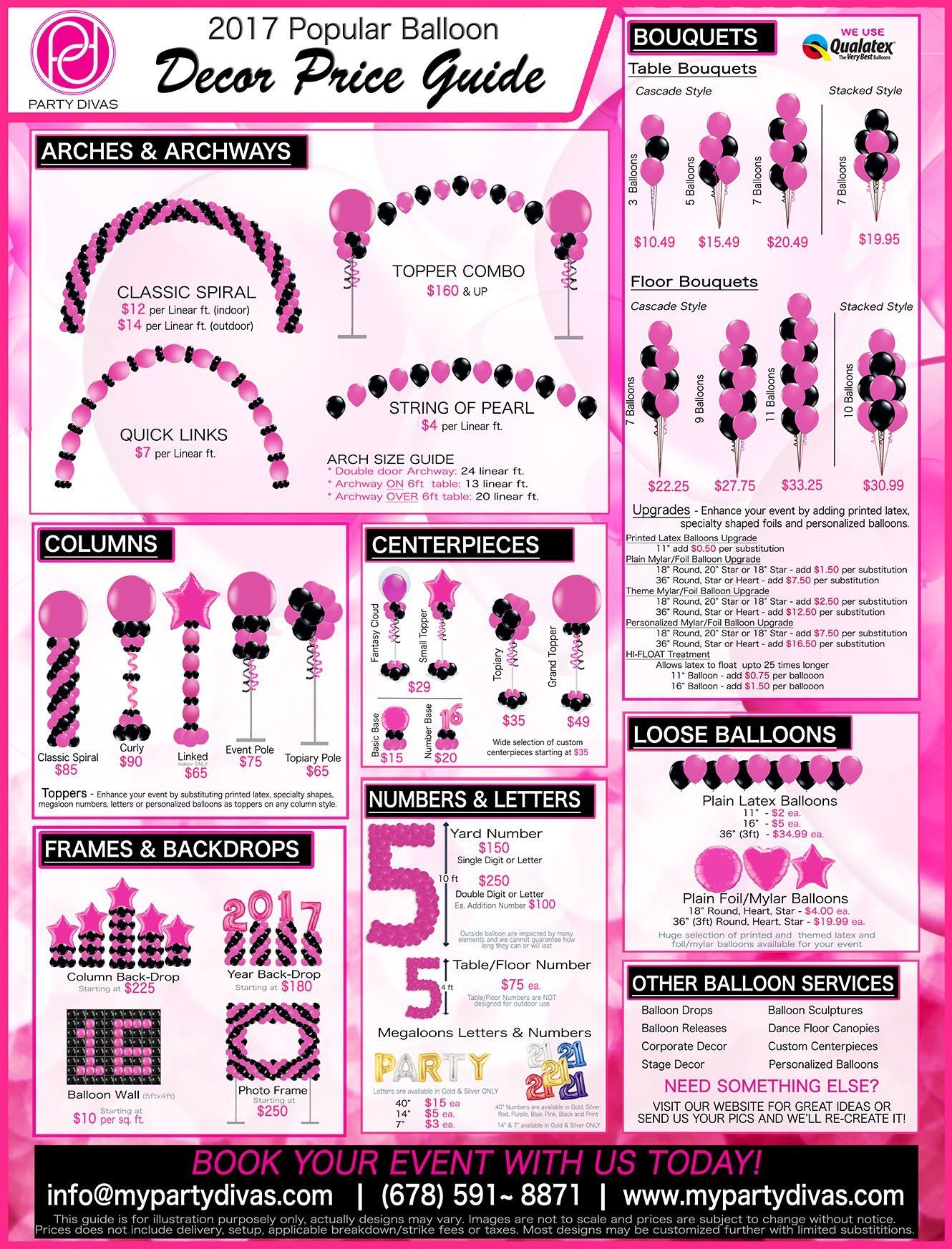 Printable balloon decor price guide with illustrated examples of arches, bouquets, and balloon packages
