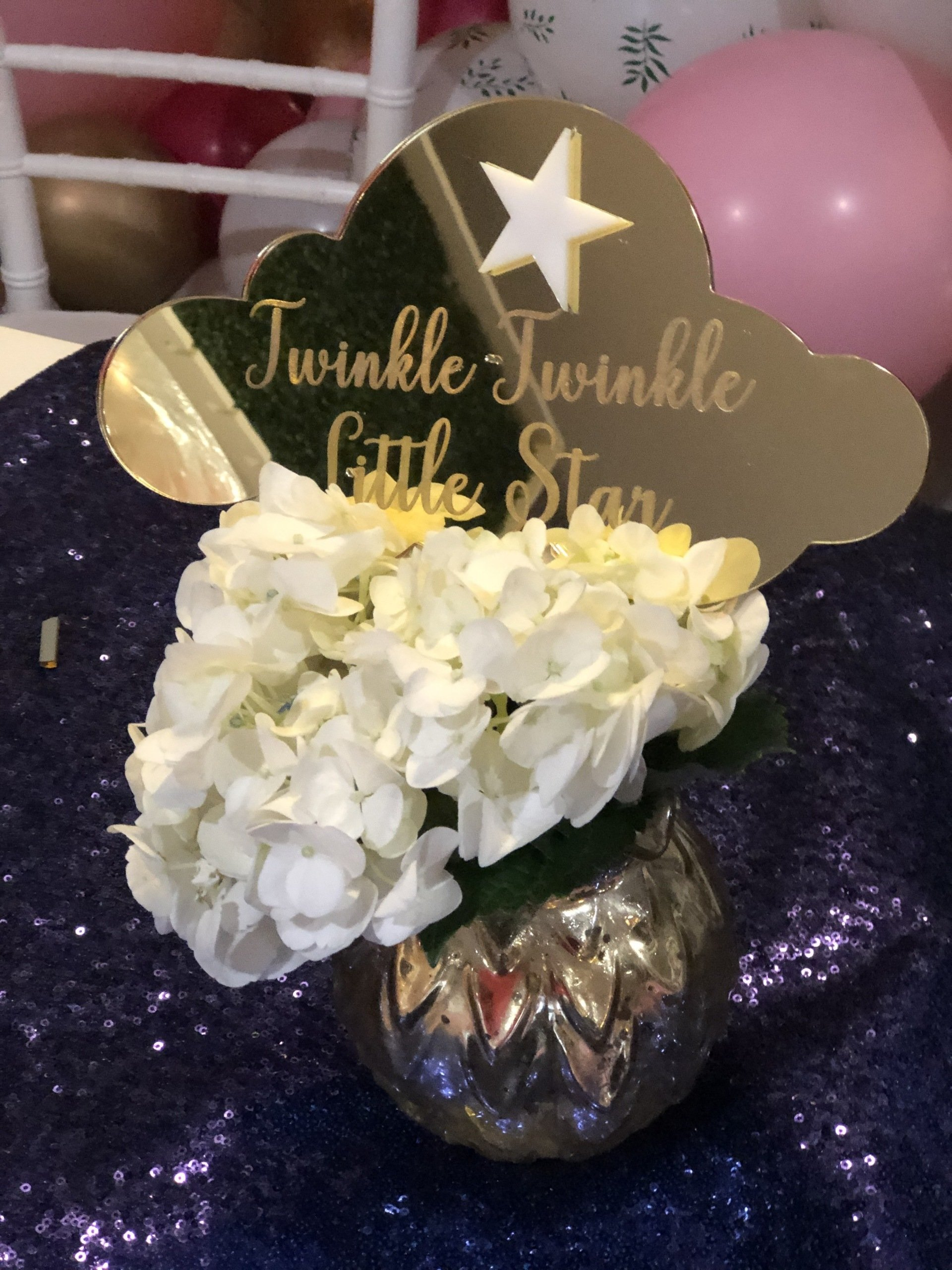 Gold acrylic Twinkle Twinkle Little Star baby shower sign with floral accents