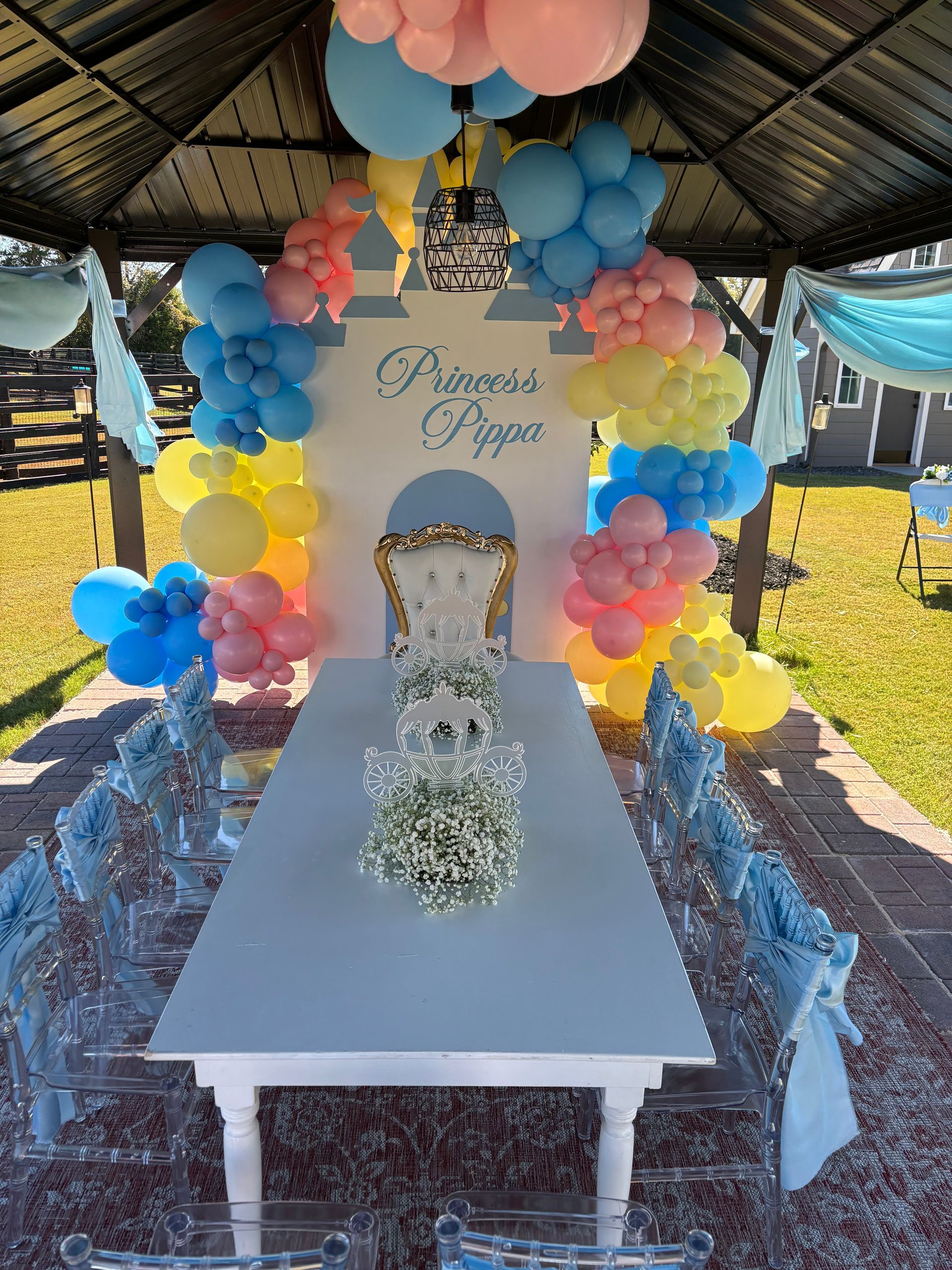 Princess themed balloon canopy with pastel colors and custom party backdrop