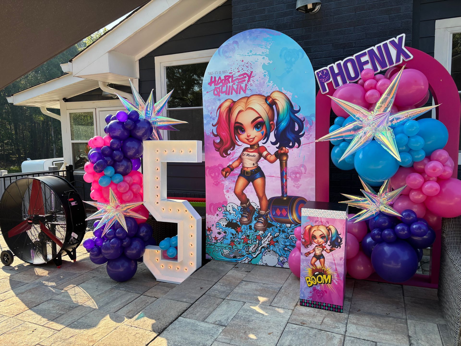 Harley Quinn themed kids birthday backdrop with custom character panels, star props, and colorful balloon garland photo area
