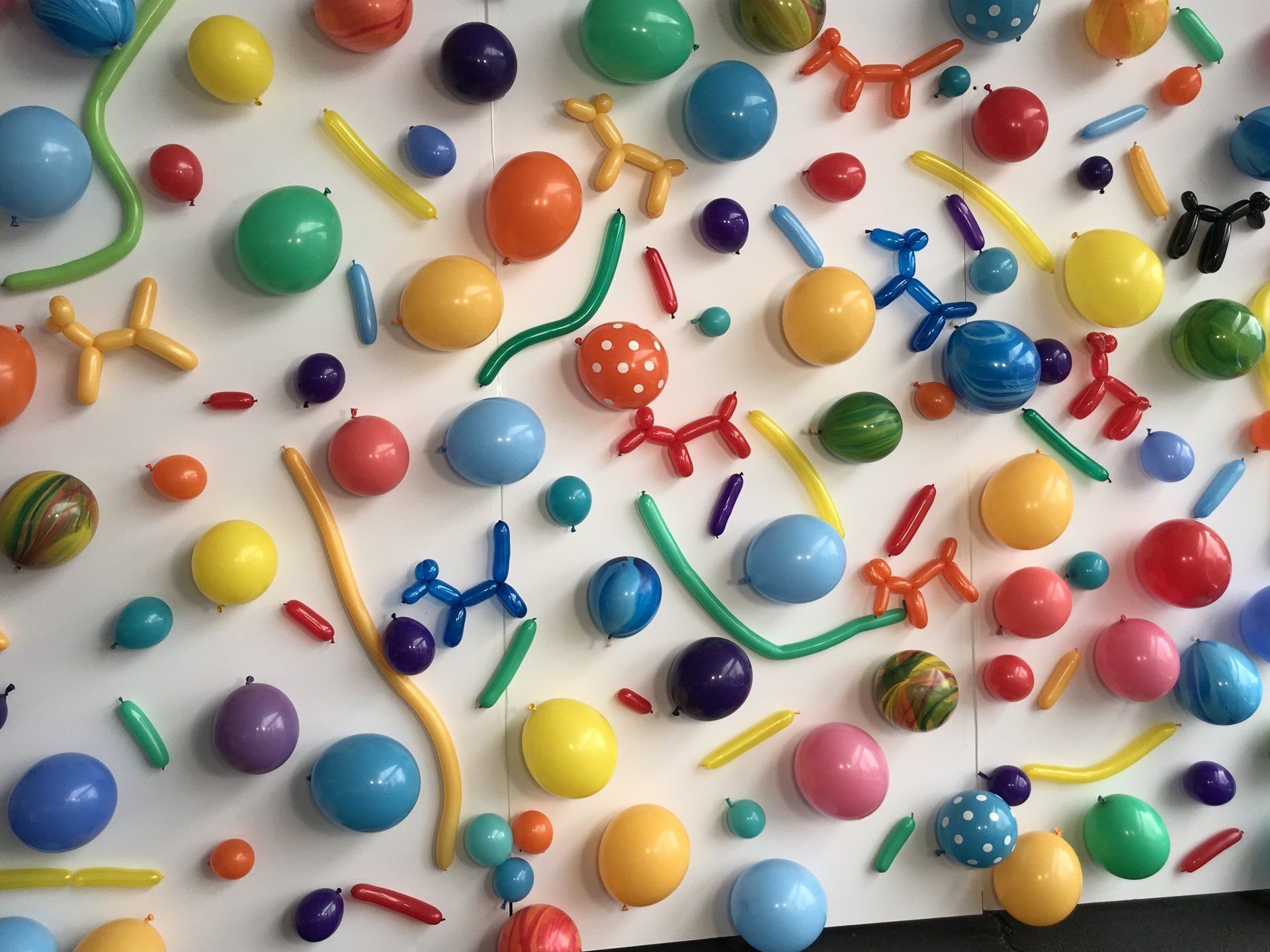 A festive backdrop decorated with various shapes and colors of balloons.