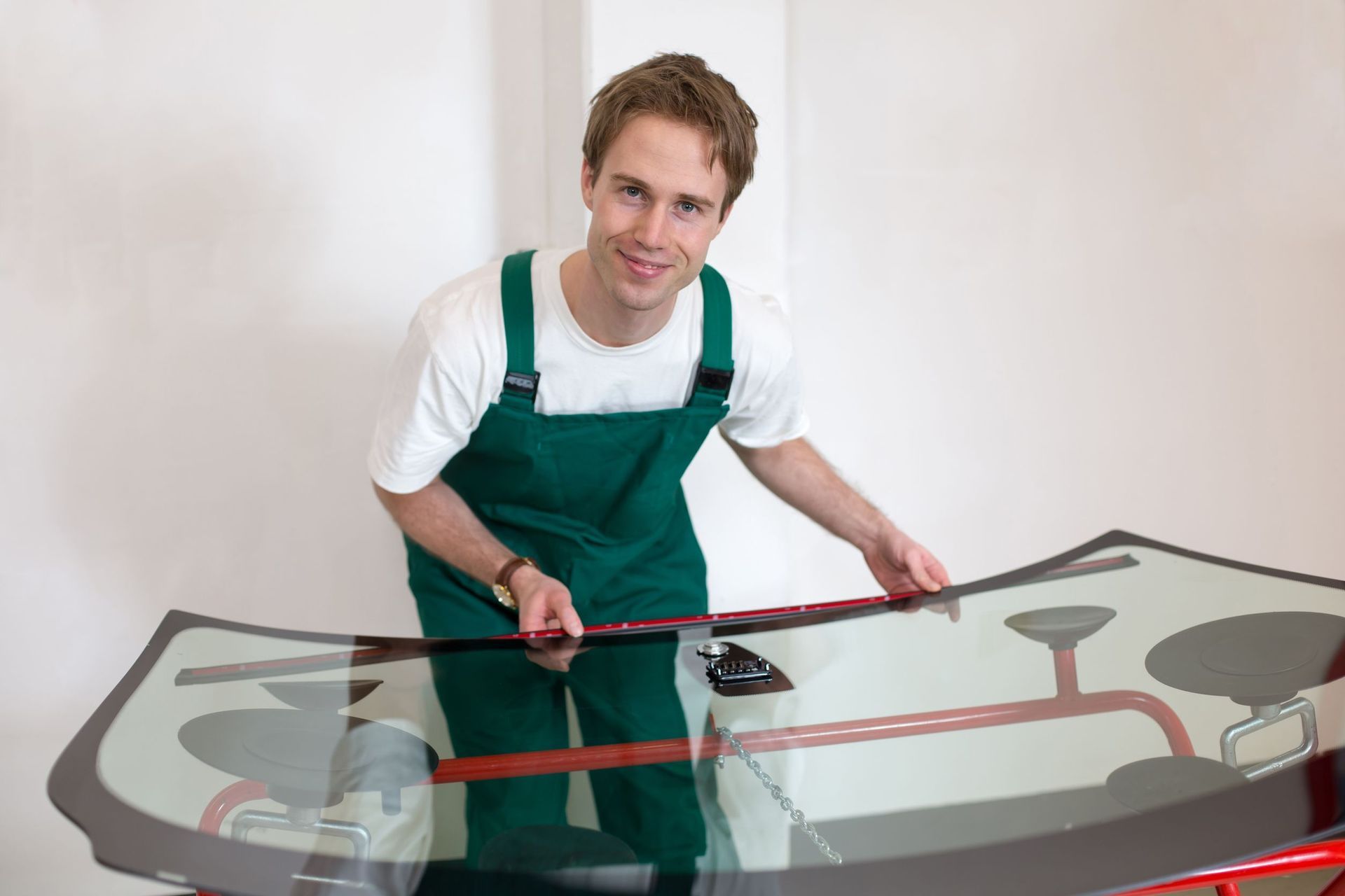 A smiling mechanic in green overalls holds a windshield, preparing to install it. White wall background.