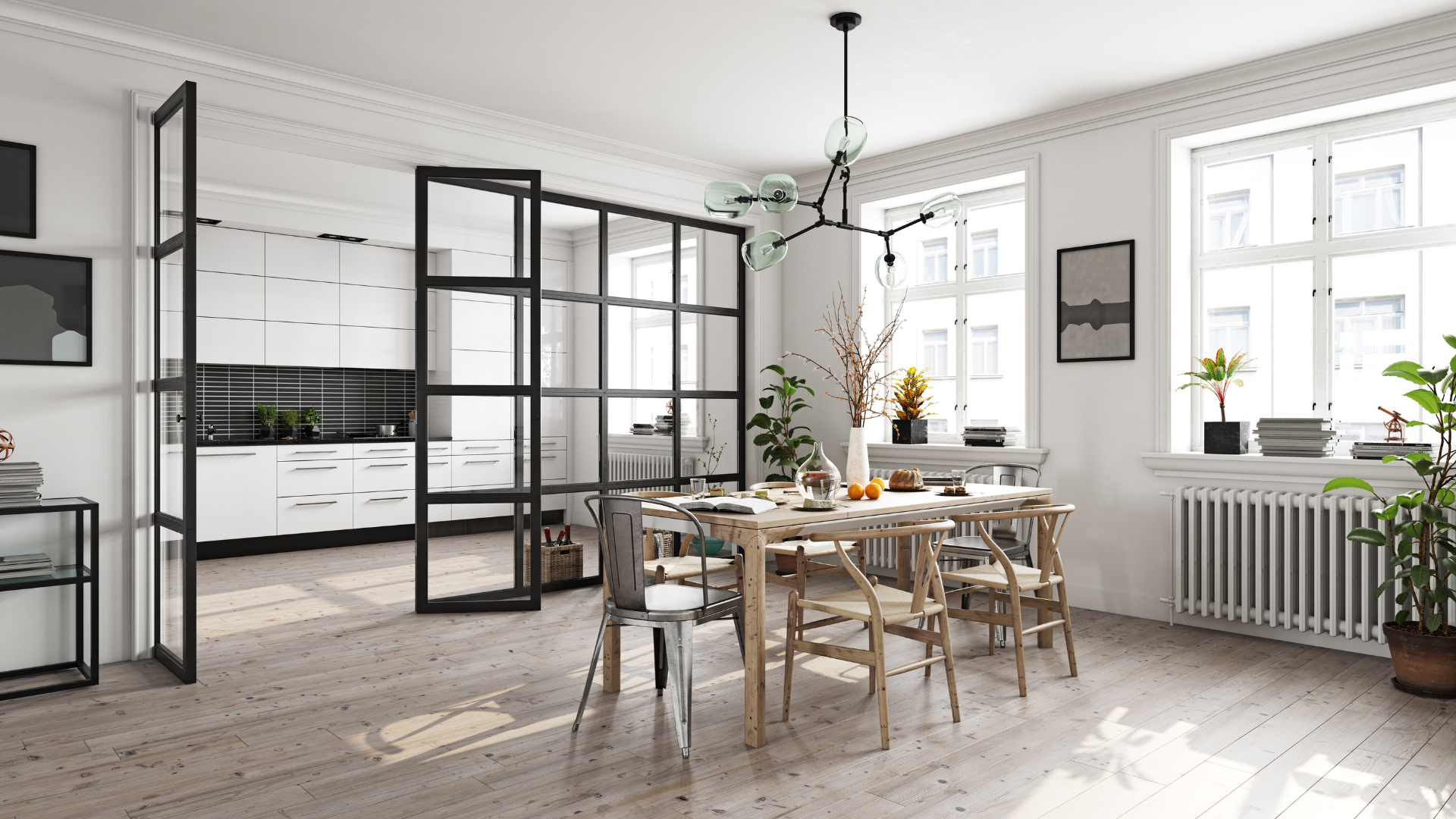 Bright, modern dining room with glass-paned walls separating it from a white kitchen. A wooden dining table is set with chairs.