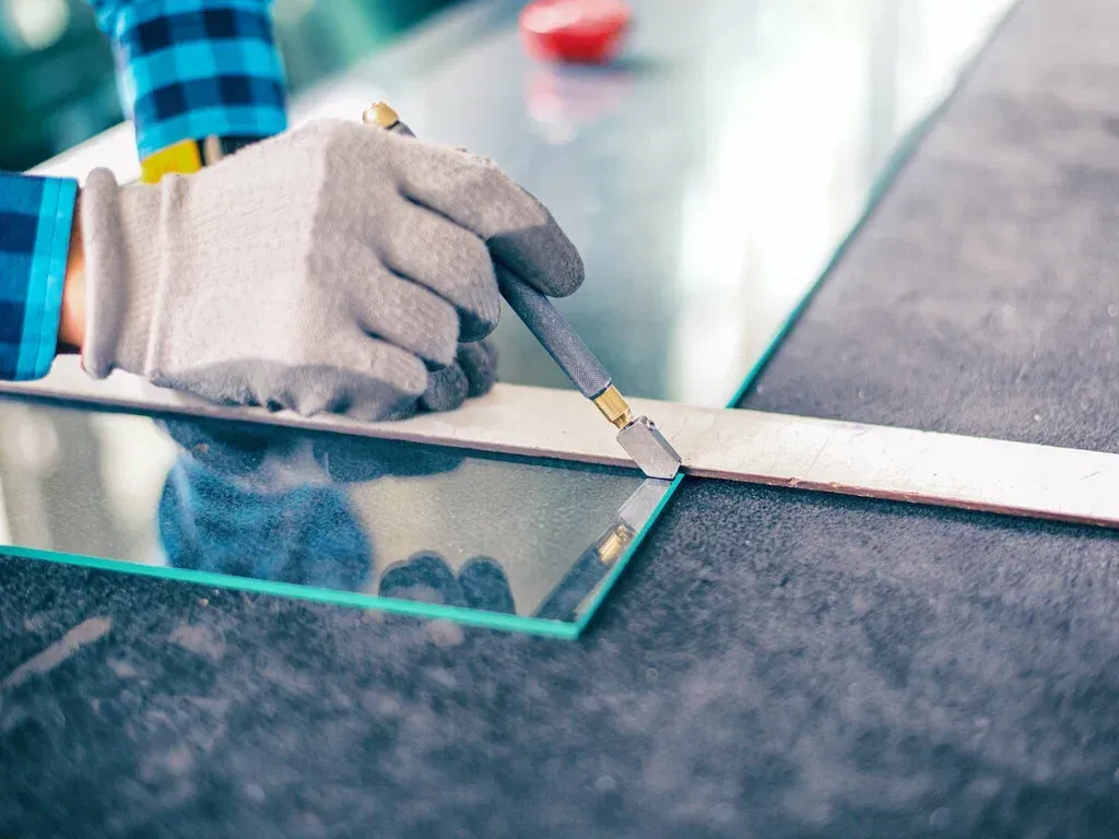 A gloved hand scoring glass with a glass cutter against a straight edge on a work surface.