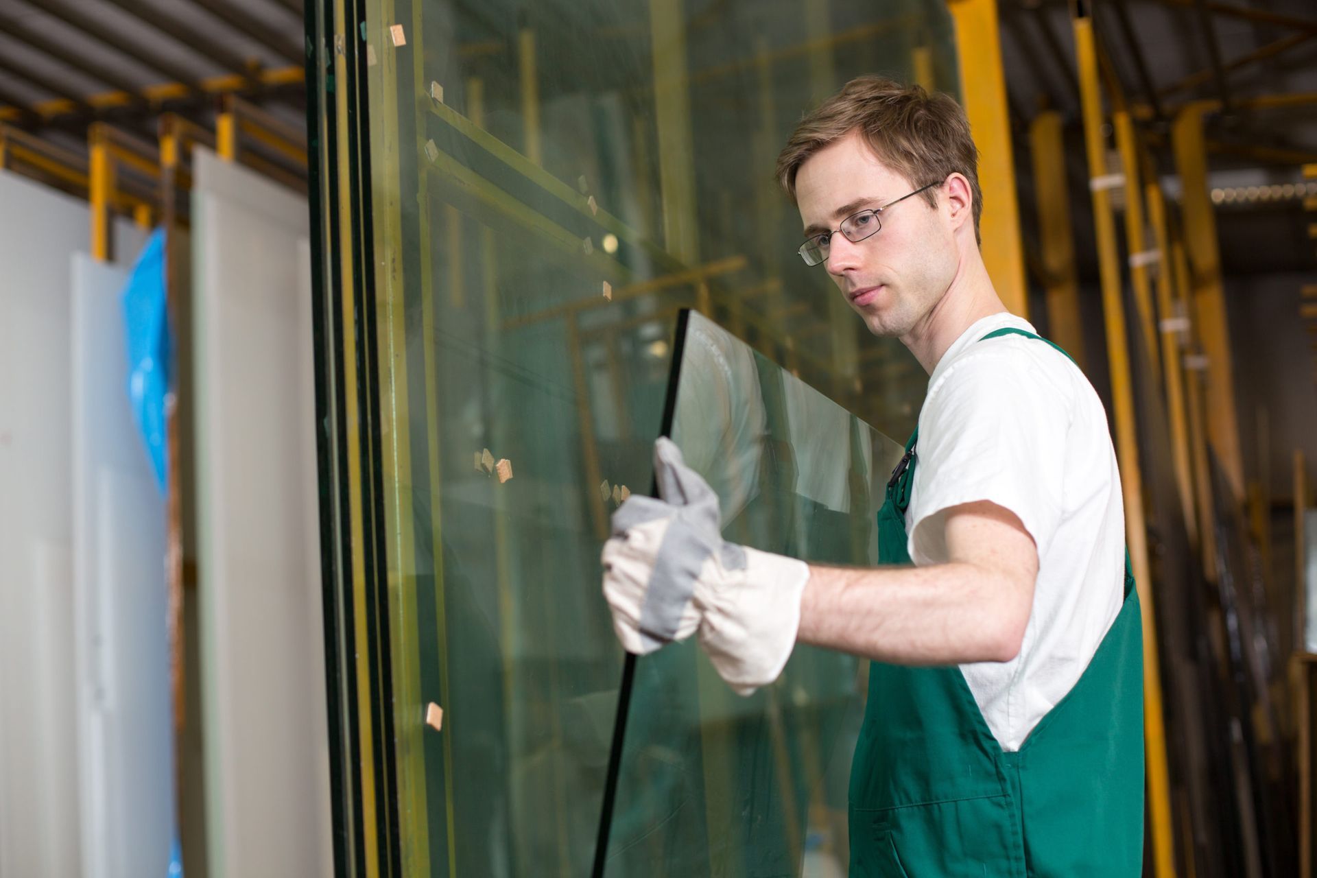 Man in glasses and gloves holding a large pane of glass in a warehouse. He's wearing a green apron and looking at the glass.