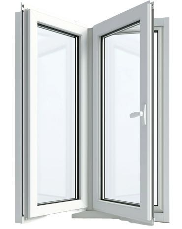 White double-hung window, one pane open, displaying clear glass and white frame.