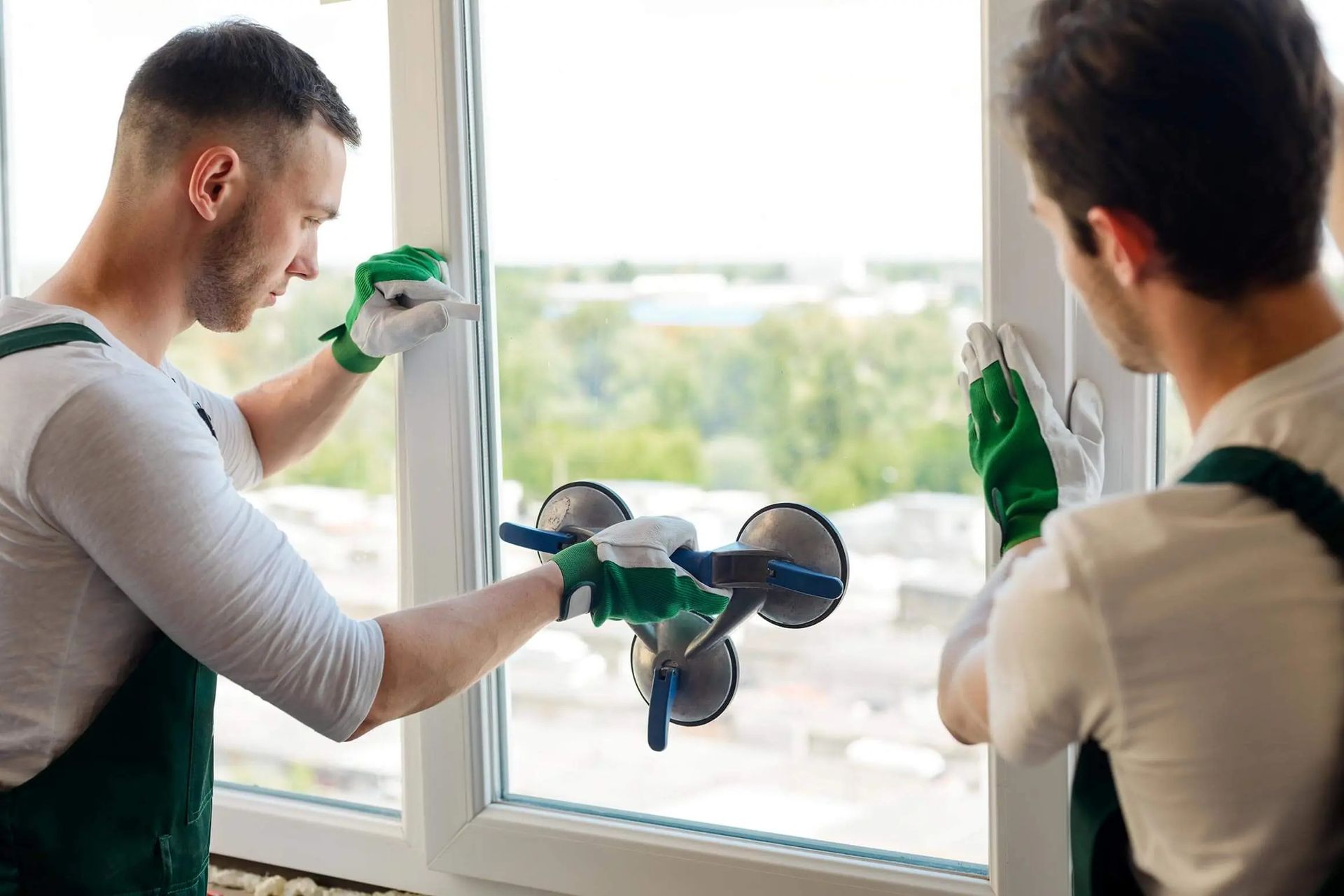 Two window installers wearing gloves are replacing a window, one using suction cups to hold the glass in place.