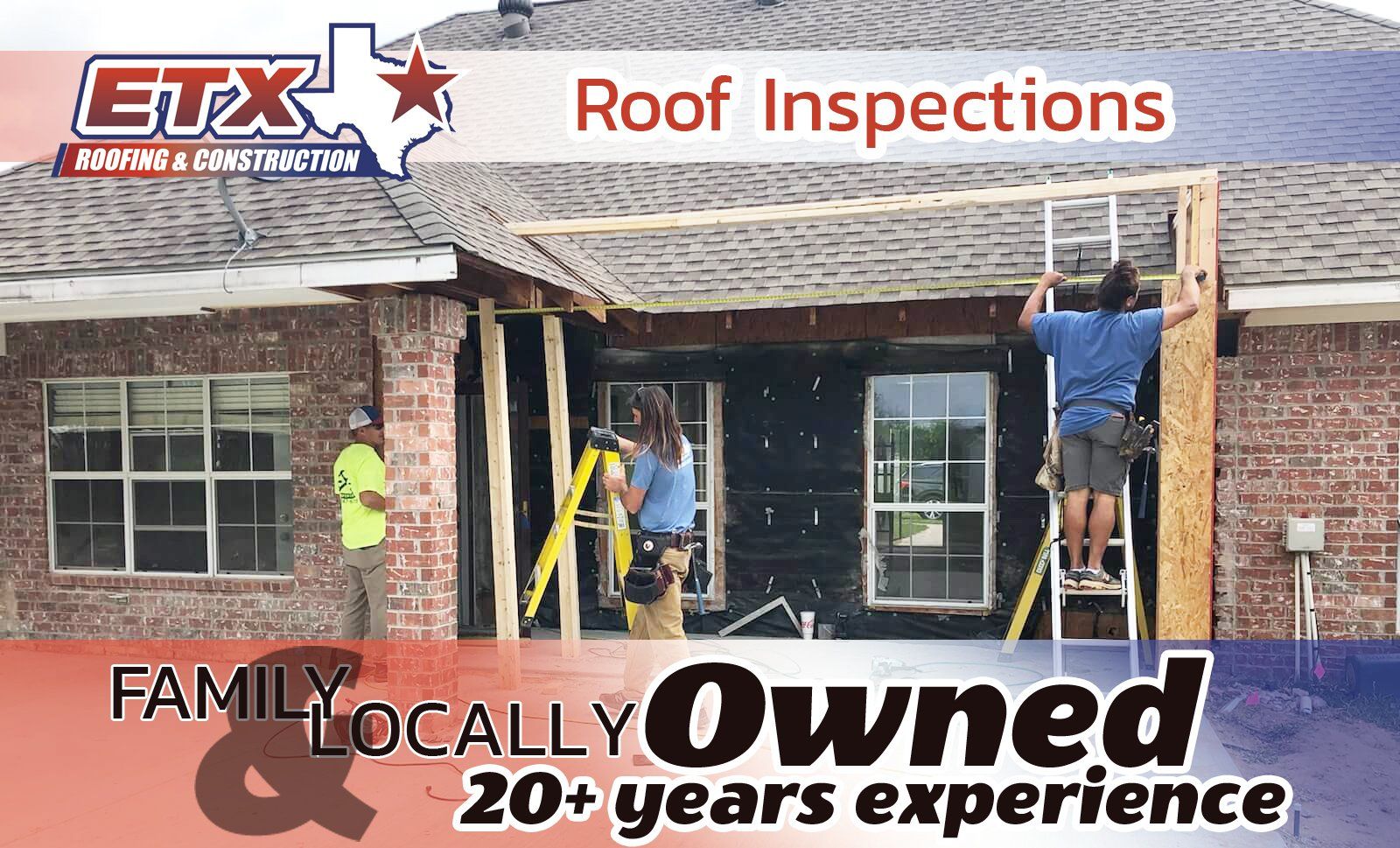 A roof inspection is being performed on a brick house
