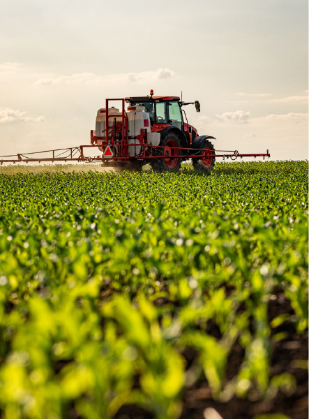 Red tractor spraying crops in a green field under a light sky.