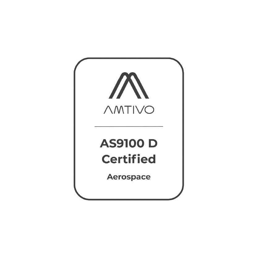 Logo for AMTIVO: AS9100 D Certified, Aerospace, with stylized "AM" symbol inside a rounded rectangle.