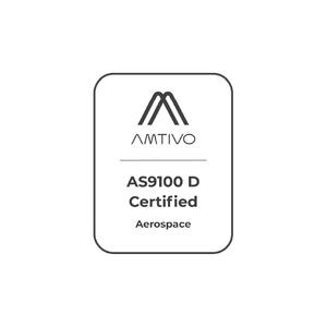 A square badge with "AMTIVO" logo and "AS9100 D Certified Aerospace" text.