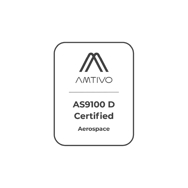 A square badge with "AMTIVO" logo and "AS9100 D Certified Aerospace" text.
