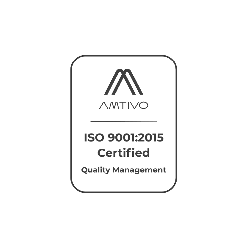 ISO 9001:2015 Certified logo with AMTIVO branding, indicating quality management.