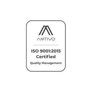 Logo for AMTIVO. ISO 9001:2015 Certified for Quality Management. Features a stylized "A".