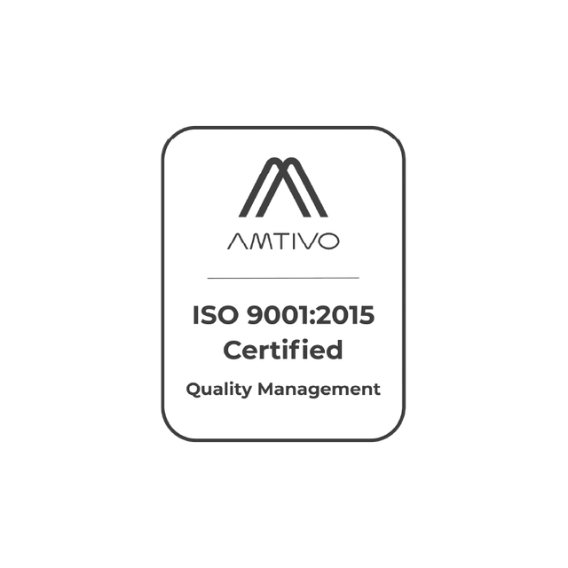 Logo for AMTIVO. ISO 9001:2015 Certified for Quality Management. Features a stylized "A".