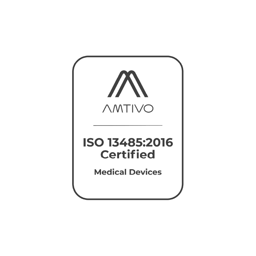Logo for Amtivo, ISO 13485:2016 Certified for Medical Devices, in a rounded rectangle with a black and white design.