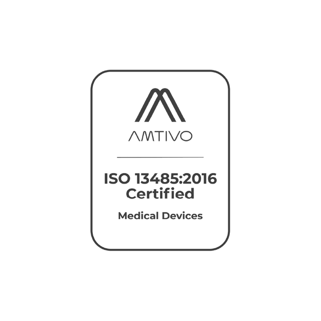ISO 13485:2016 certified badge, AMTIVO logo, text "Medical Devices".