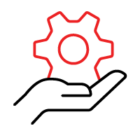Hand supporting a red gear, representing service or support.