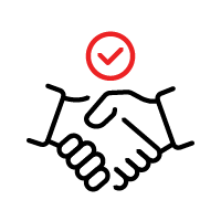 Two hands shaking with a red check mark above, symbolizing agreement or success.