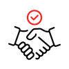 Two hands shaking with a red check mark above, symbolizing agreement or success.