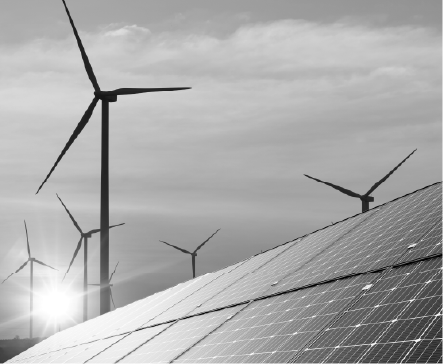Wind turbines and solar panels generating renewable energy.