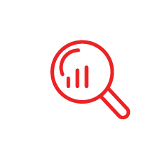 Red magnifying glass over bar graph.