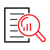 Document with magnifying glass, highlighting a bar graph, in red.