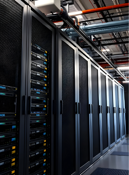 Rows of server racks in a data center, with visible servers behind mesh doors, overhead pipes.