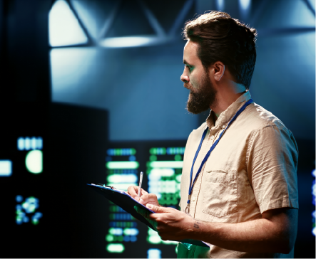 Man with beard writing on a clipboard in a control room with screens.