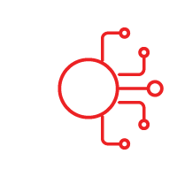 Red schematic diagram of a central circle connected to branching lines and smaller circles.