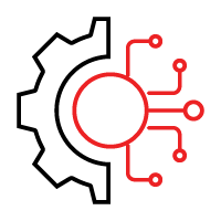 Gear and circuit board symbol, black and red. Represents technology and mechanical processes.